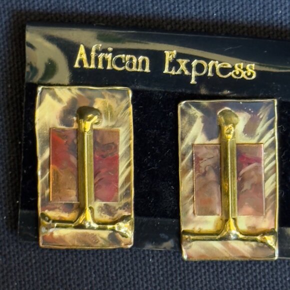 African Express Rectangular Gold-Tone & Marbled Clip-On Earrings Made In South A - Picture 2 of 10